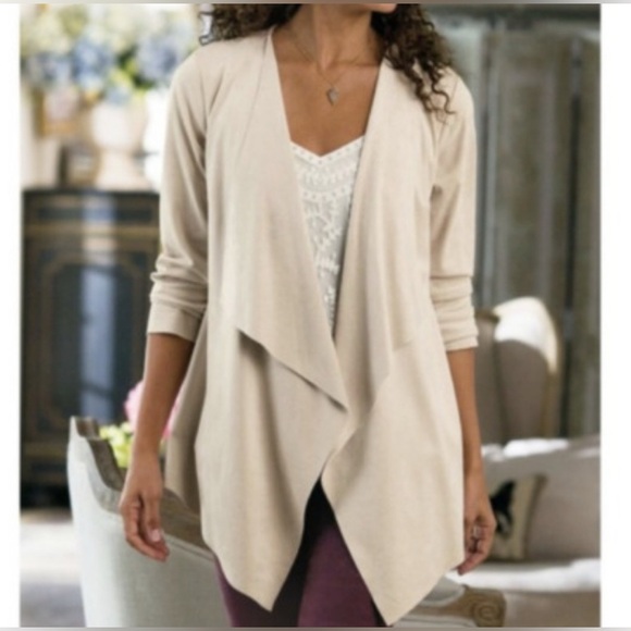 Soft Surroundings Sweaters - Soft Surroundings Beige Faux Suede Cardigan with Waterfall Front